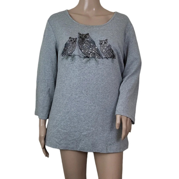 Quaker Factory Gray Rhinestone Owls Sweater - Picture 1 of 3